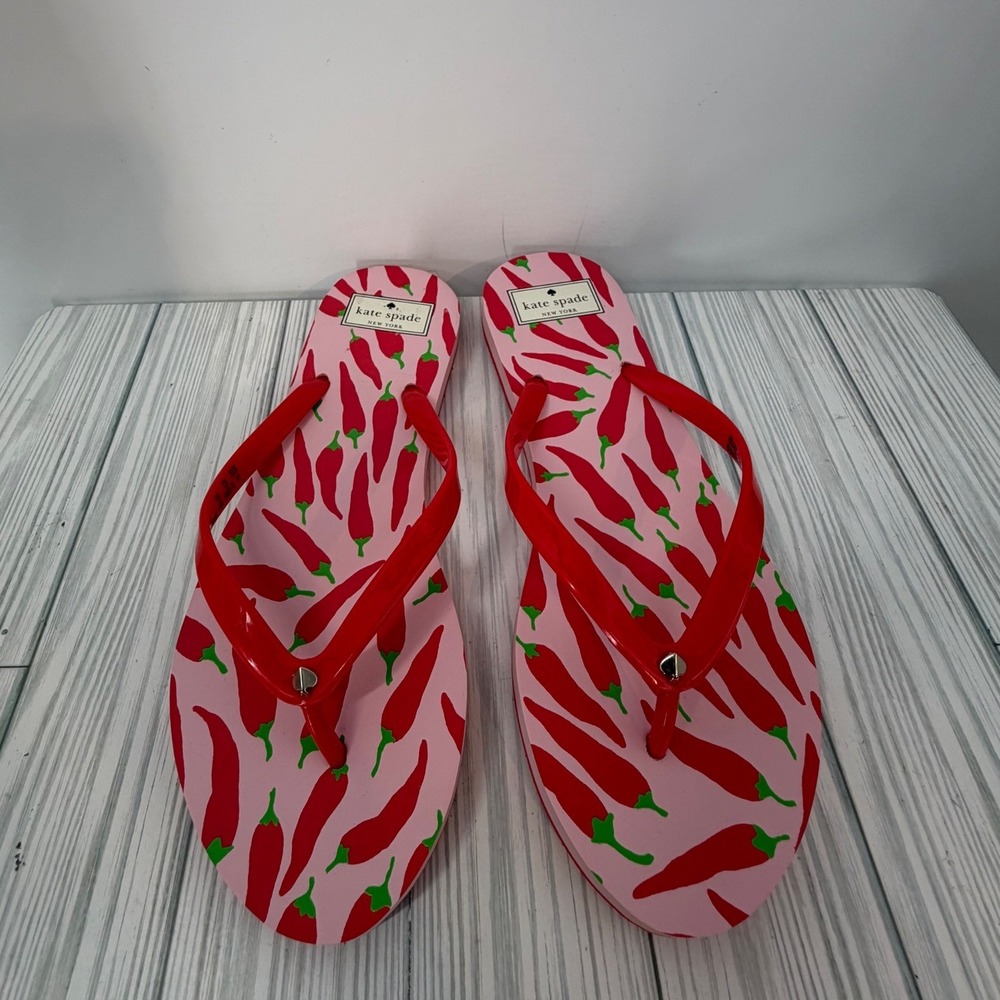 Kate Spade New York Feldon Pink Red Chili Pepper Print Flip Flops Size 10B NWOT